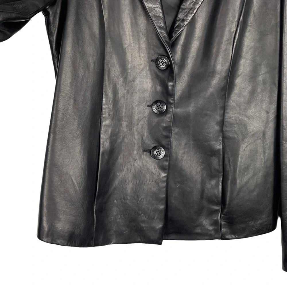 MICHAEL HOBAN NORTH BEACH BLACK LEATHER 90S 3 BUTTON NOTCH COLLAR BLAZER JACKET